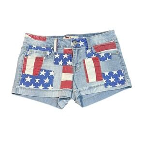 Y2K Patchwork American Flag LEI Low Rise Denim Shorts Size 7 Festival Summer